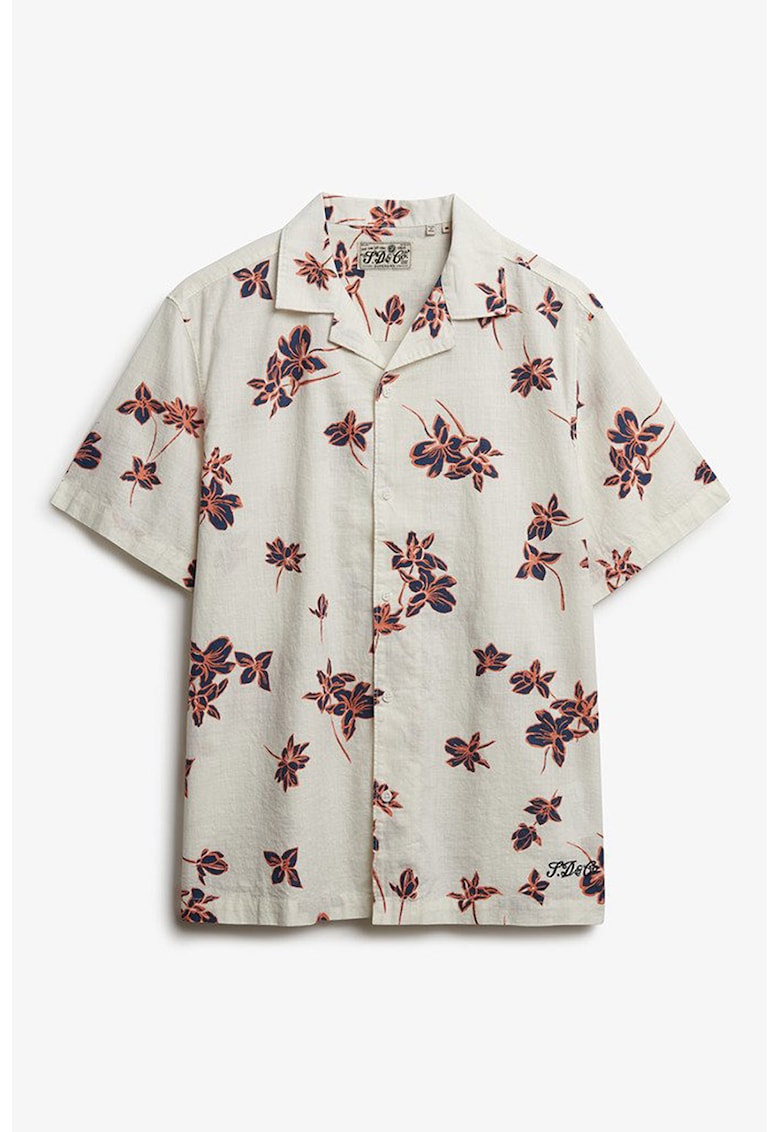 Camasa cu nasturi si imprimeu floral - Alb fildes/Roz somon/Bleumarin