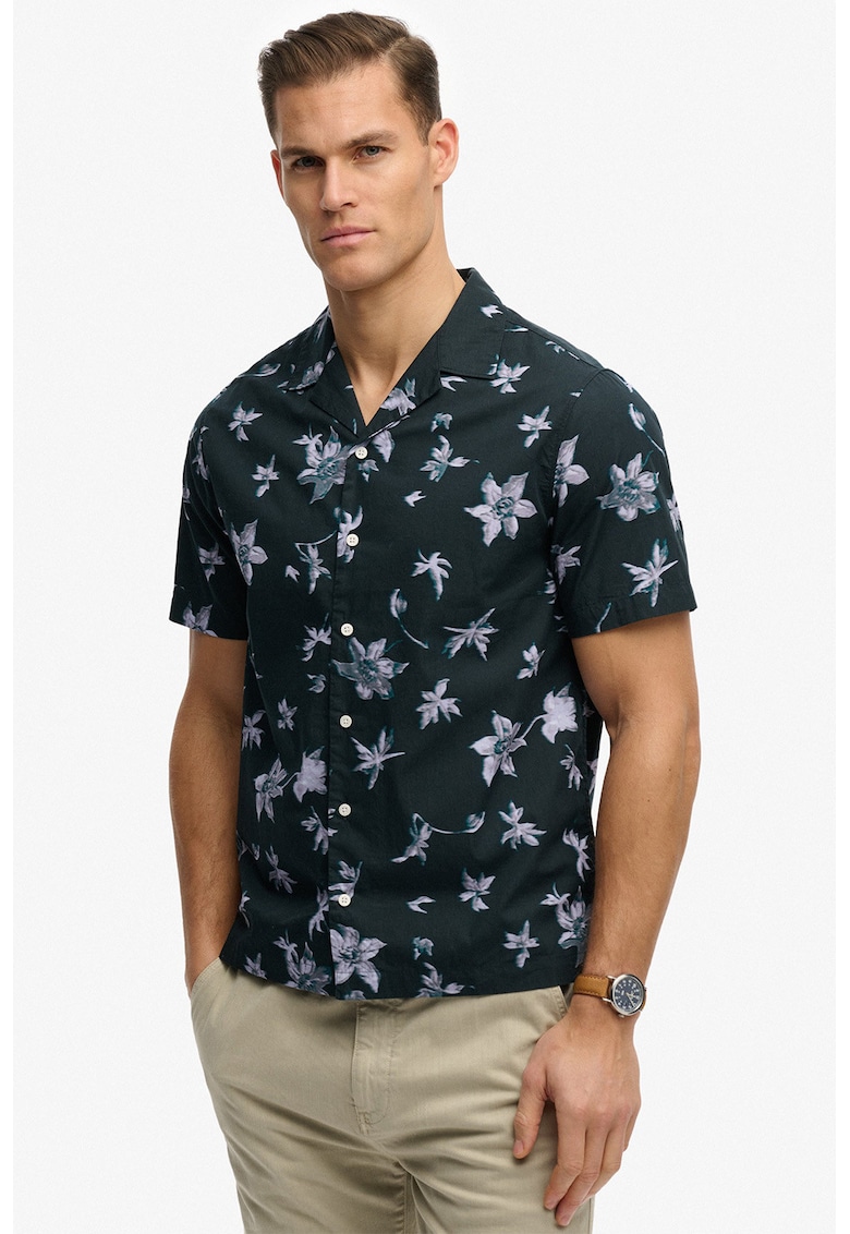 Camasa cu maneci scurte si imprimeu floral - Alb/Albastru ultramarin/Albastru petrol