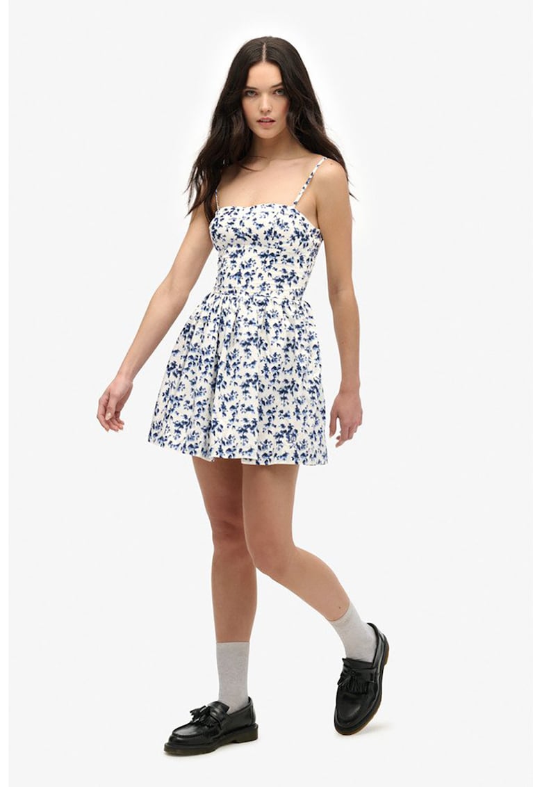 Rochie evazata cu bretele inguste - Alb/Negru/Albastru