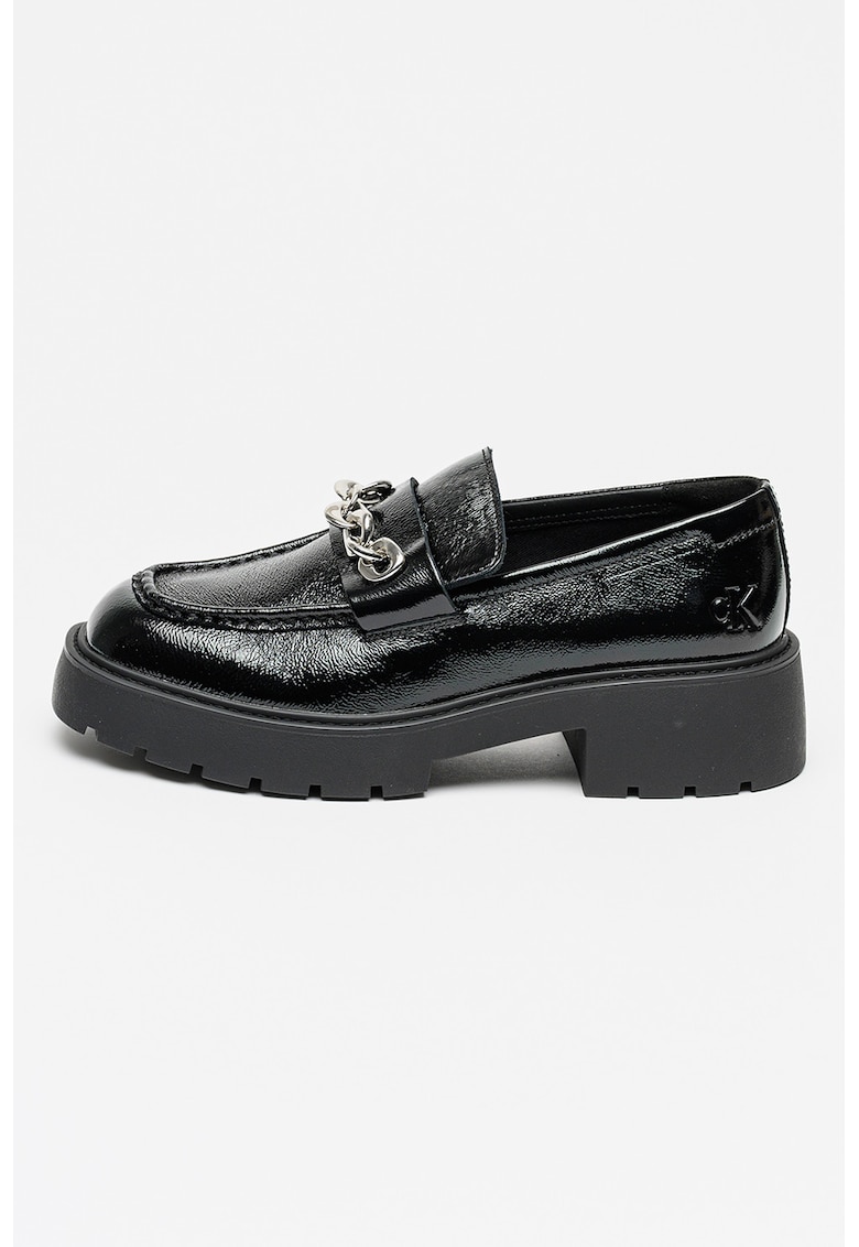 Pantofi loafer de piele cu toc si detaliu lant - Negru/Argintiu