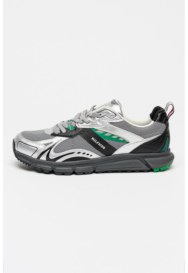 Pantofi sport cu garnituri de piele ecologica - Verde/Negru stins/Argintiu