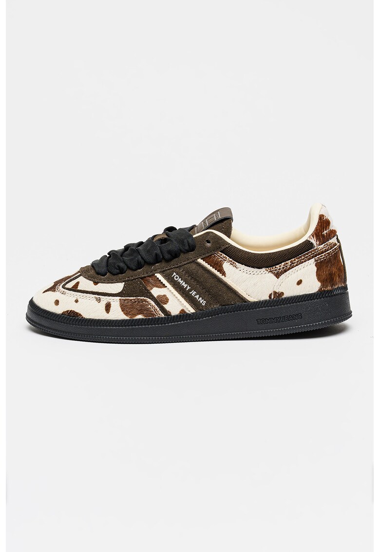 Tommy Hilfiger - Pantofi sport de piele cu par scurt si animal print - Negru stins/Alb murdar/Maro pamantiu