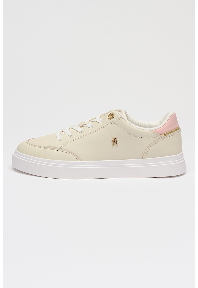 Pantofi sport de piele cu monograma si siret - Roz pastel/Alb optic/Bej deschis