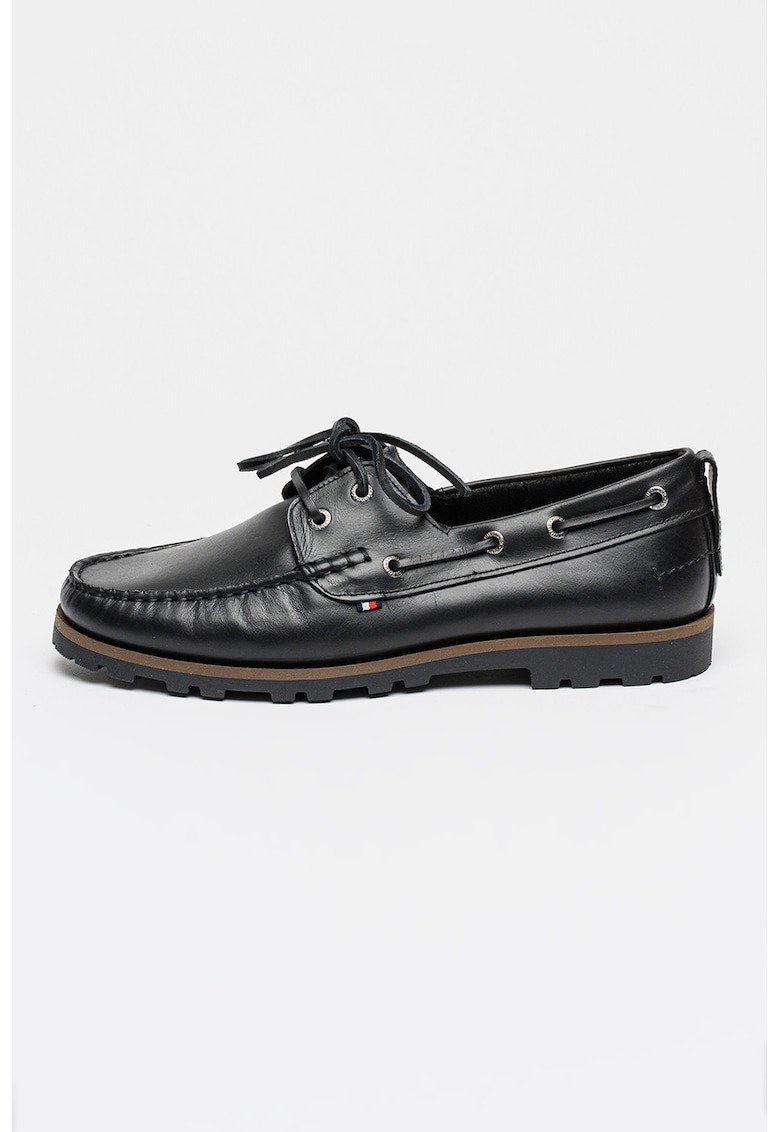 Pantofi boat de piele cu logo discret - Negru