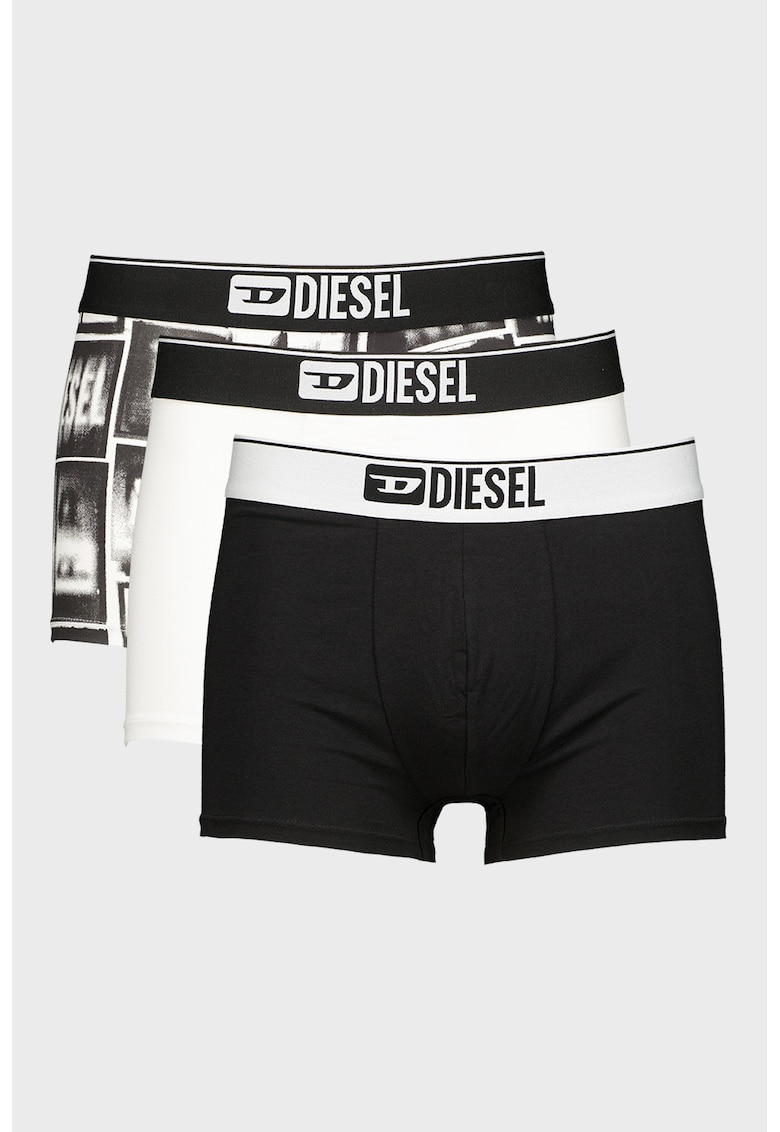 Set de boxeri cu model uni si model Damien - 3 perechi - Negru/Alb optic