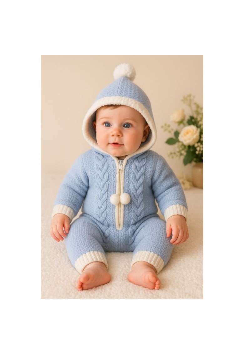 Body tricotat cu gluga pentru bebelusi - 6-9 luni - bleu - 68x74cm