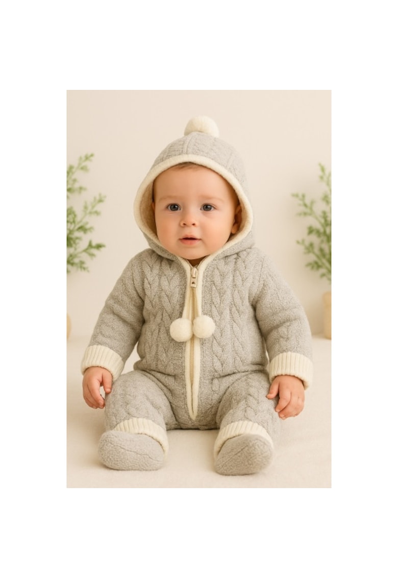 Salopeta gri tricotata groasa cu gluga pentru bebelusi – model iarna