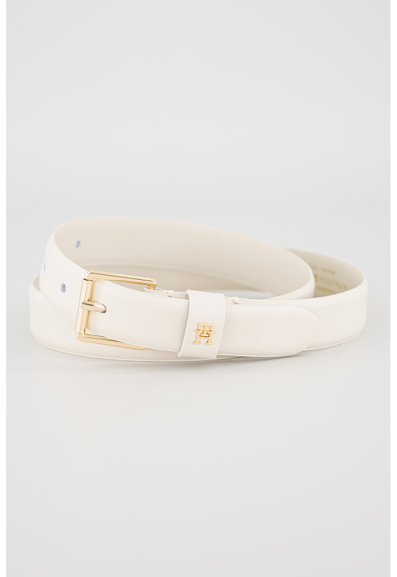 Curea din piele cu catarama patrata si monograma - Alb murdar