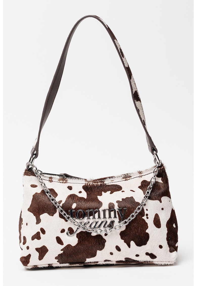 Geanta de piele ecologica cu piele cu par scurt Cool Cow - Alb/Maro inchis