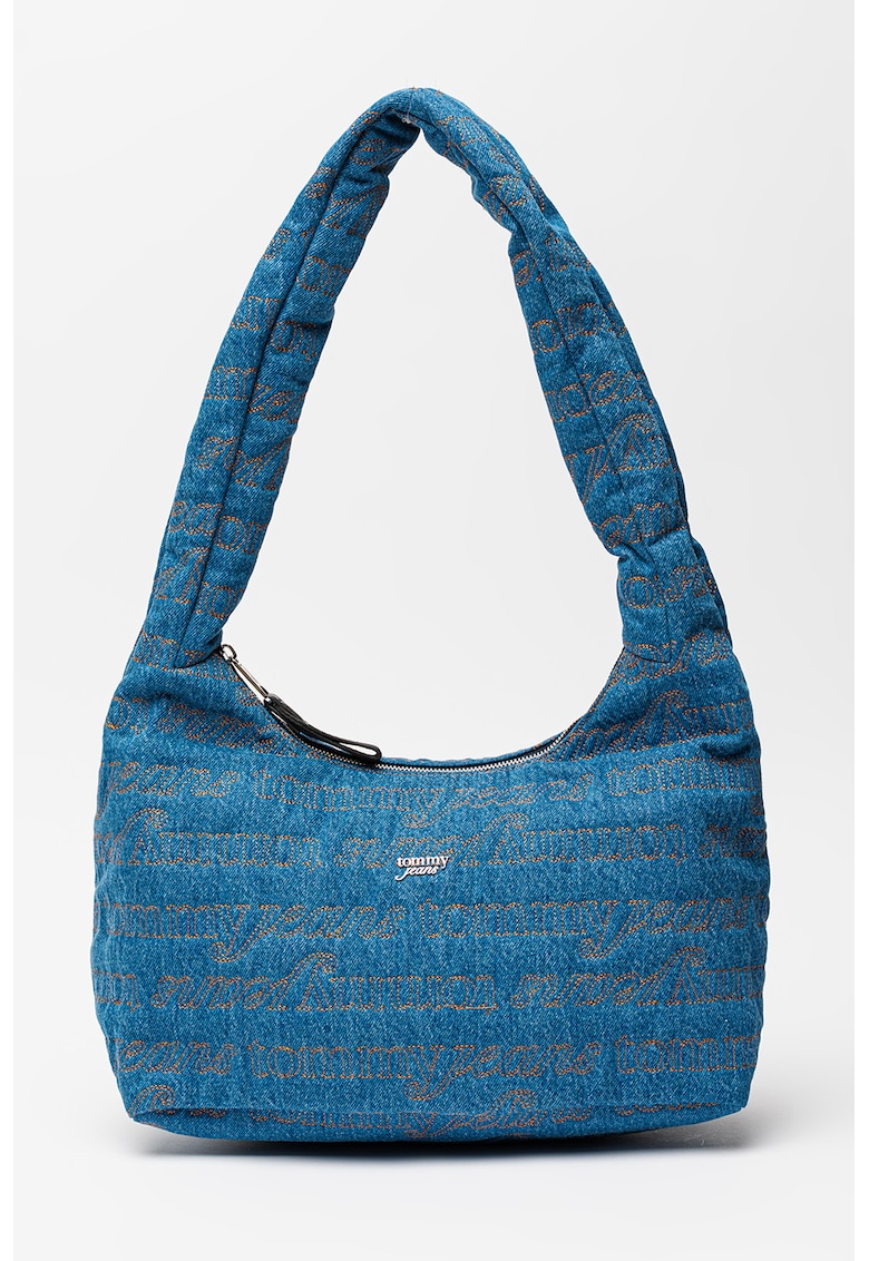 Geanta din denim cu bareta de umar si logo - Albastru melange