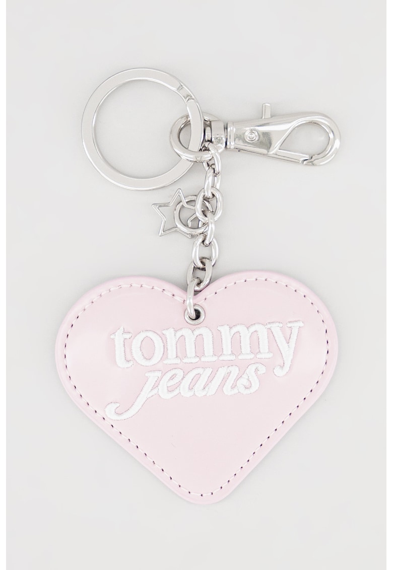 Breloc de piele ecologica cu inimi si logo brodat - Alb/Roz pastel