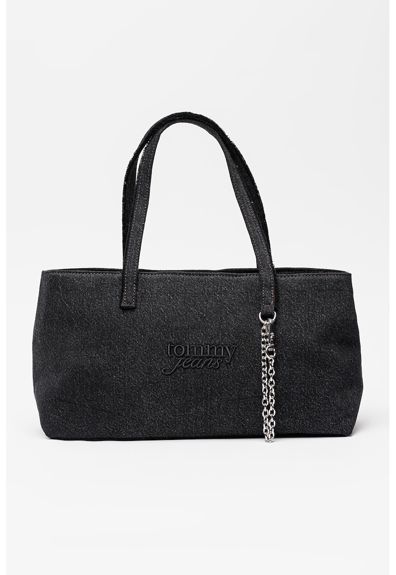 Geanta din denim cu bareta de umar si lant - Negru
