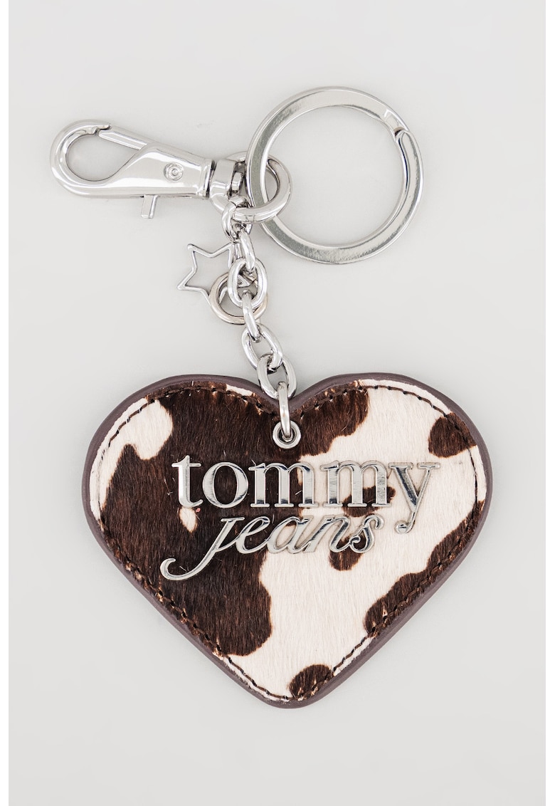 Breloc de piele cu model inimi si logo metalic - Alb/Maro inchis