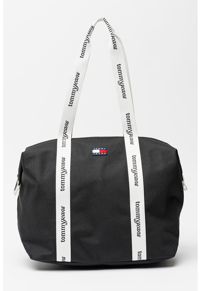 Geanta tote de piele cu fermoar si maner cu logo - Negru