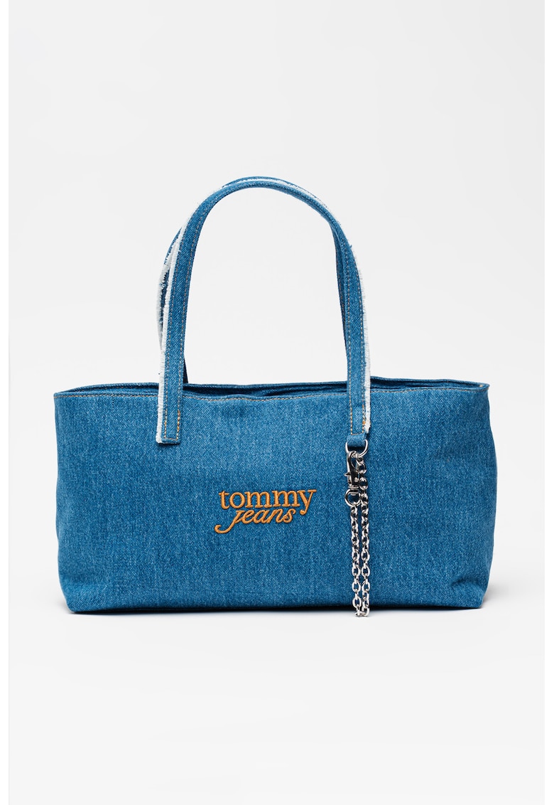 Geanta din denim cu bareta de umar si lant detasabil - Albastru melange