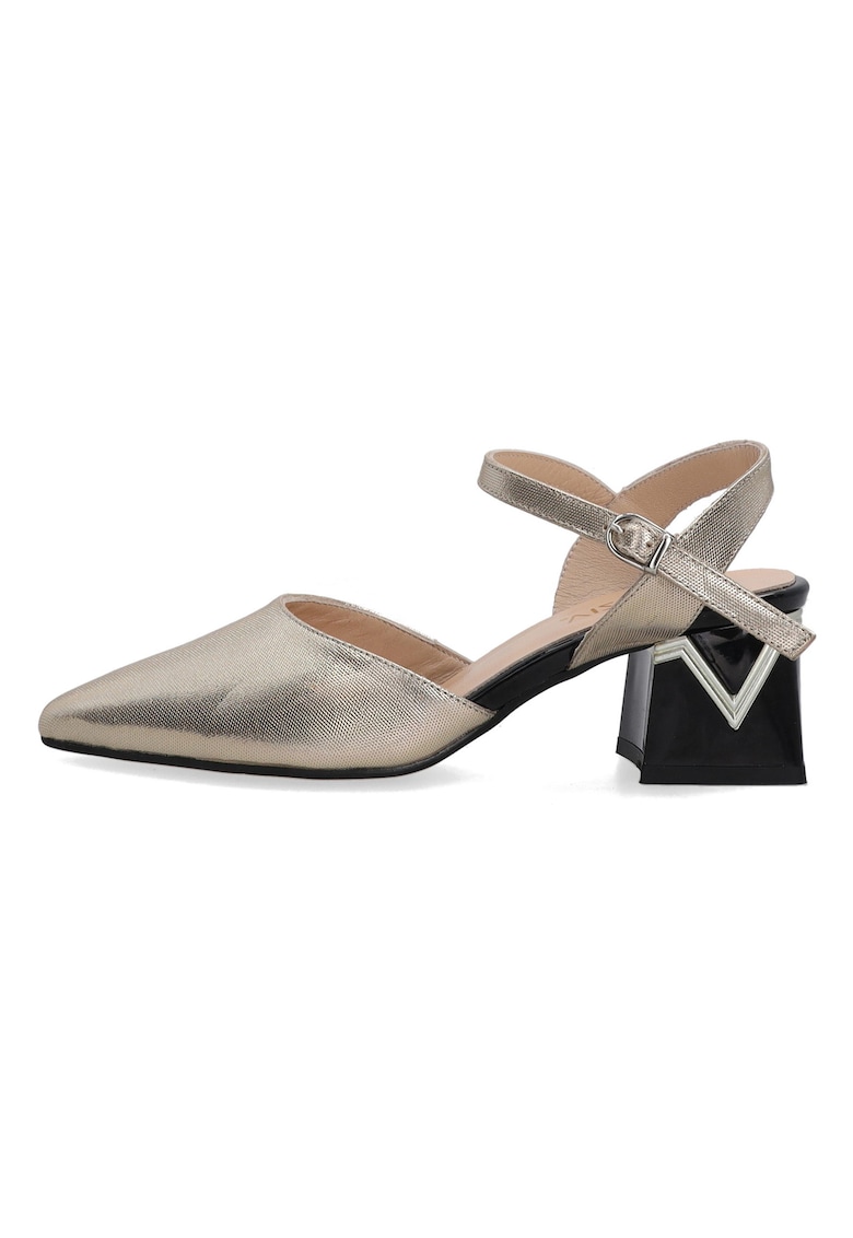Pantofi din piele cu toc si aspect metalic