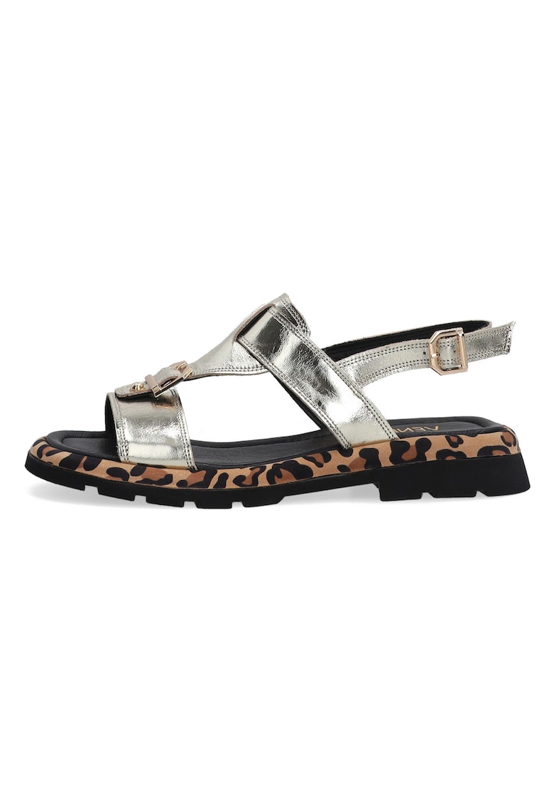 Sandale din piele cu aspect metalizat&animal print