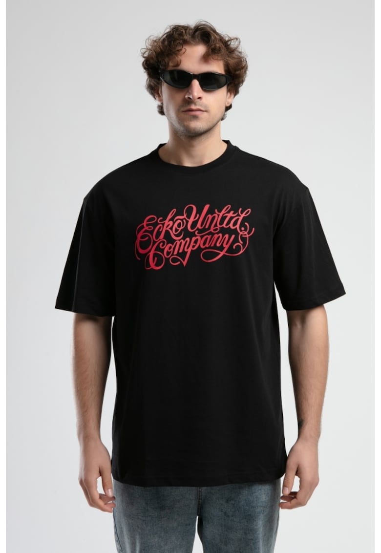 Tricou cu logo si decolteu la baza gatului - ALBANY - Negru - Negru