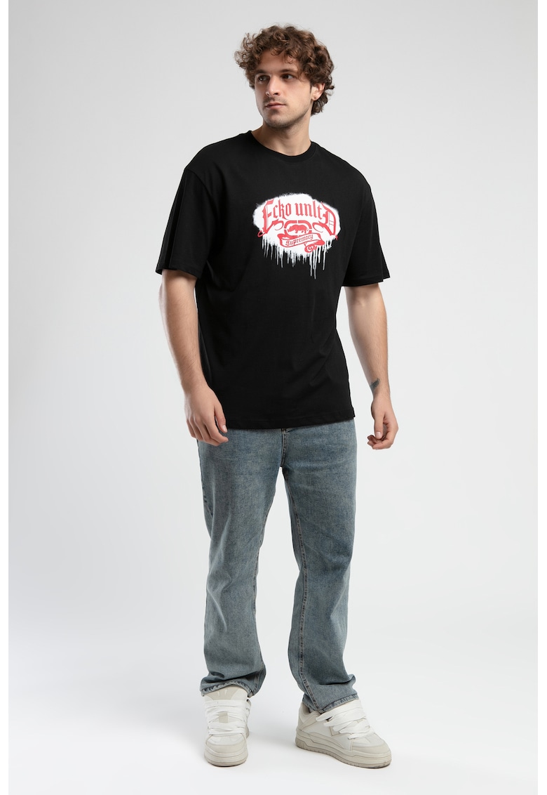 Tricou cu logo si decolteu la baza gatului - ROCKEFELLA - Negru - Negru