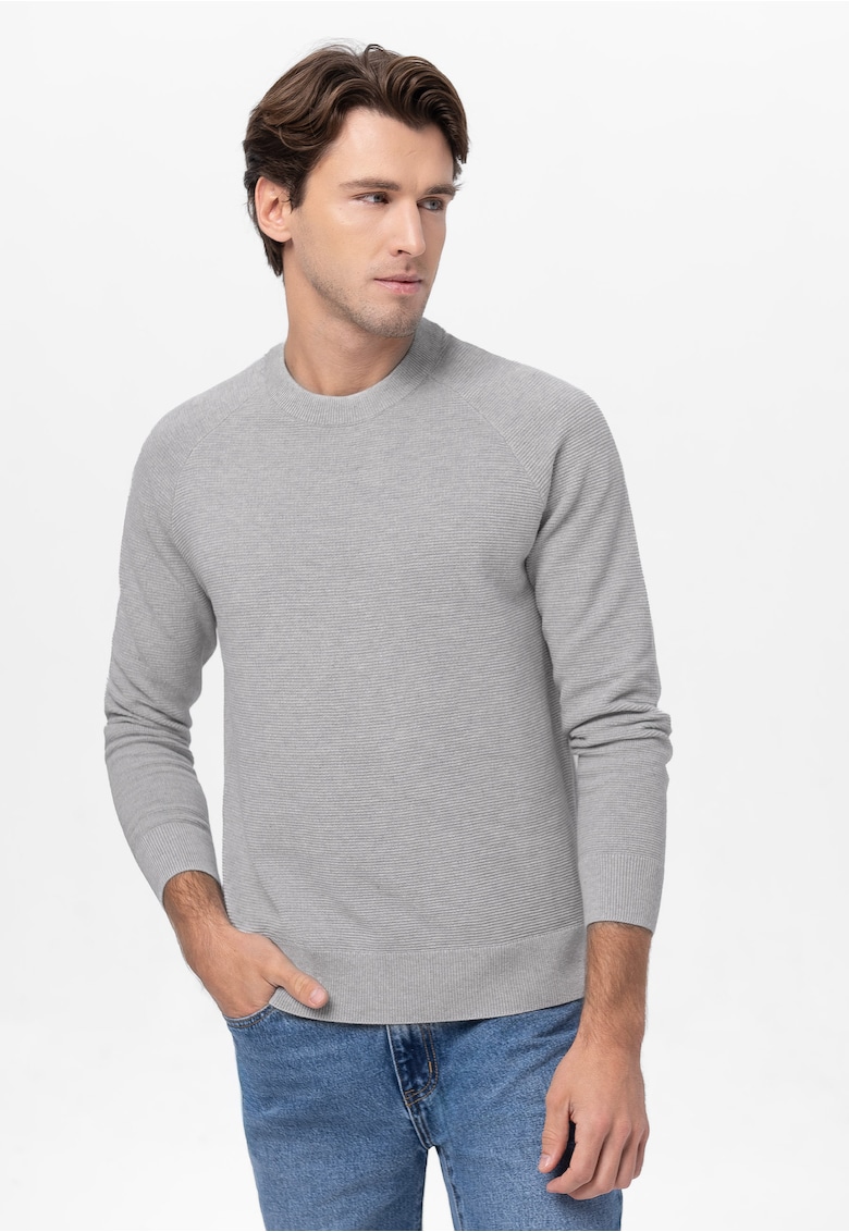Pulover barbati din bumbac - clasic - material structurat - rotund - S-Ford - gri melange - Gri melange