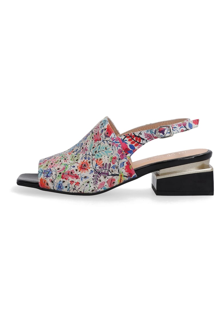 Sandale din piele cu model floral si toc masiv