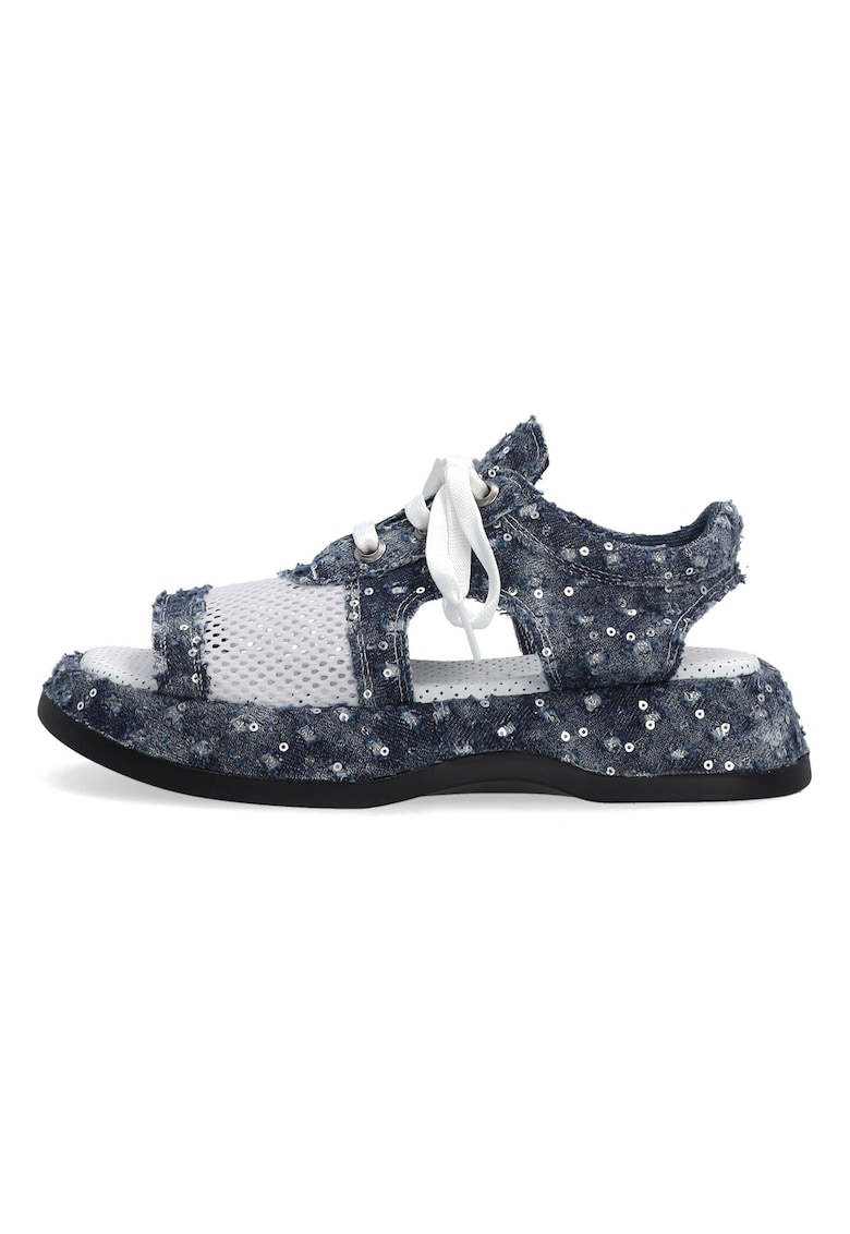 Sandale denim cu garnitura din plasa si paiete