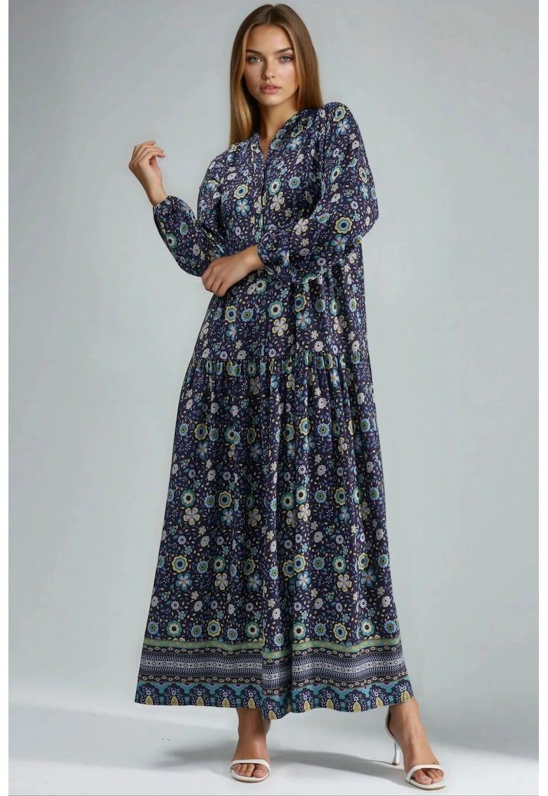 Rochie maxi - decolteu in V - cu imprimeu - negru - viscoza