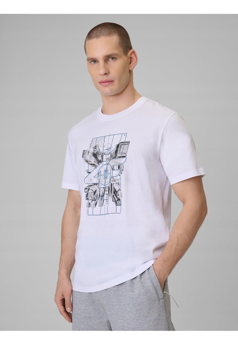 Tricou barbat alb din bumbac - imprimeu distinctiv - croiala regulara - sezon primavara-vara