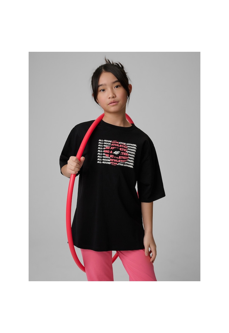 Tricou sport pentru fete - negru - bumbac - cu imprimeu - lejer