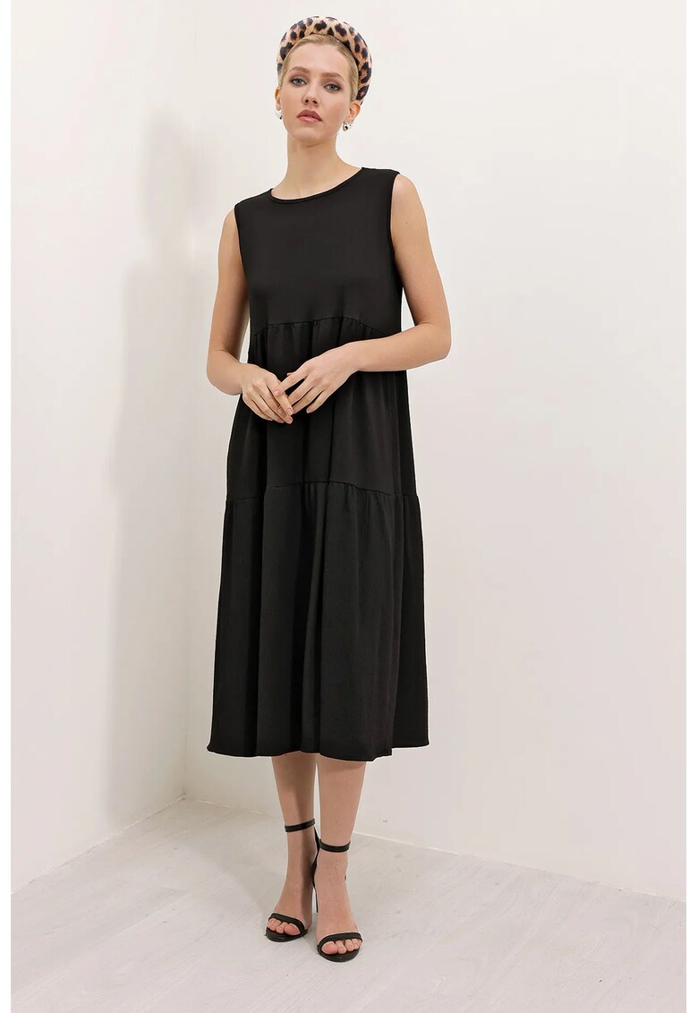 Rochie midi fara maneci - guler rotund - neagra - jerseu