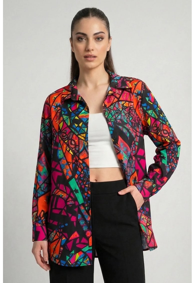 Camasa cu maneca lunga - roz magenta - din viscoza - imprimeu colorat