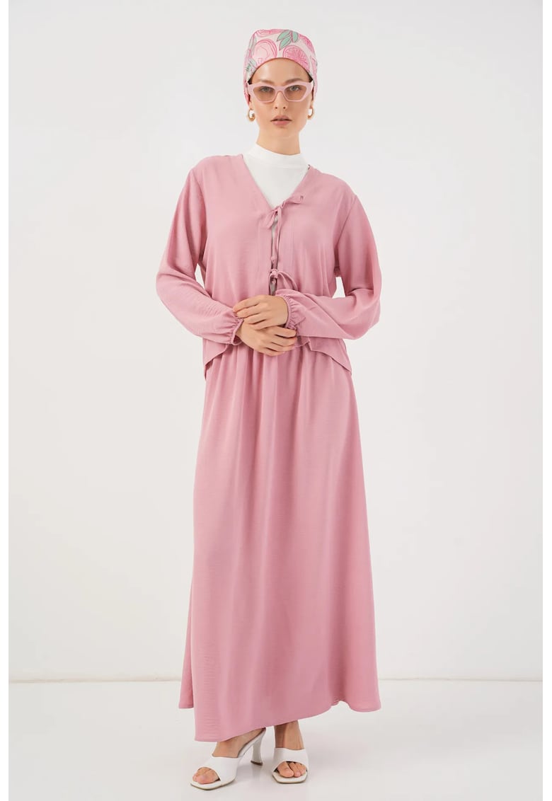 Costum dama - set coordonat - decolteu in V - roz garoafa - textil -