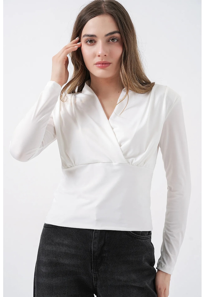 Bluza dama - decolteu in V - drapaj - alb - jerseu