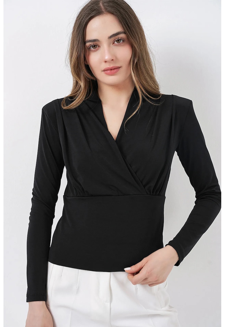 Bluza dama - decolteu in V - drapaj - jerseu - Negru