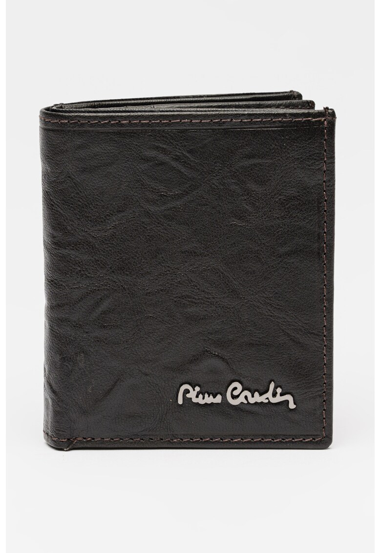 Portofel pliabil din piele cu logo metalic - Maro inchis