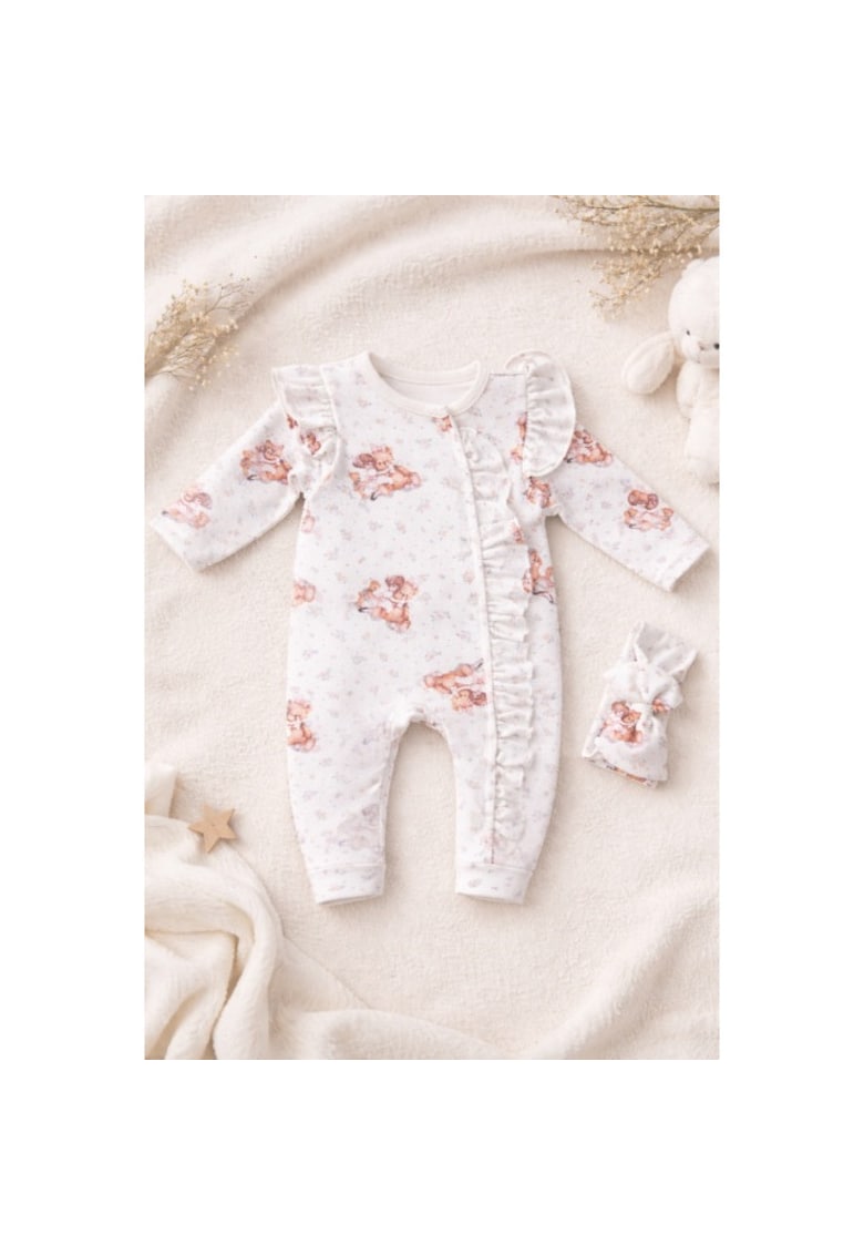 Salopeta bebe fetite cu volane bumbac set cu bentita imprimeu ursulet