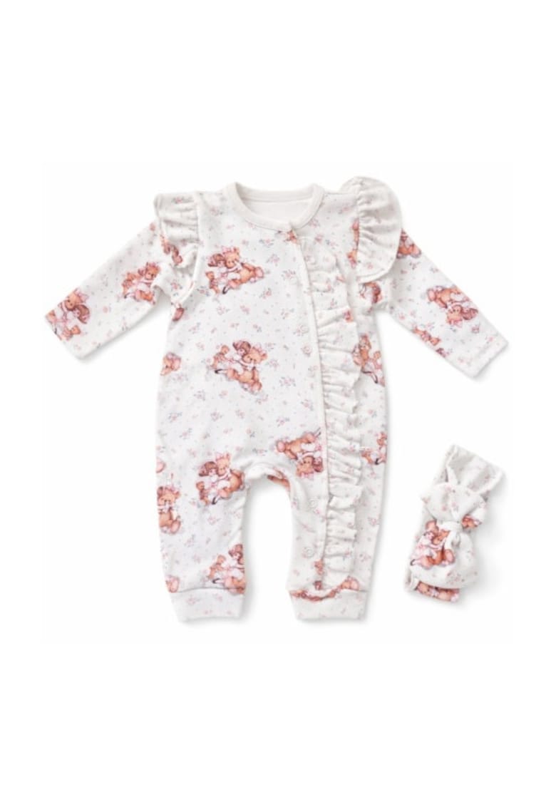 Salopeta bebe fetite cu volane bumbac set cu bentita imprimeu ursulet