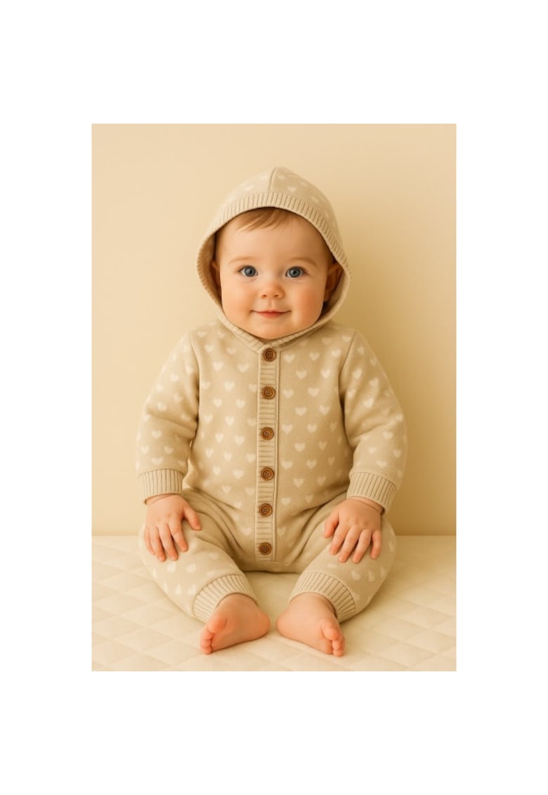 Salopeta bebelusi crem cu inimioare si gluga – moale si calduroasa