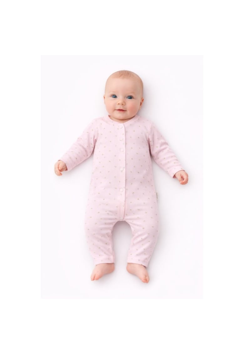 Salopeta bebe roz tip pijama bumbac moale cu capse overall