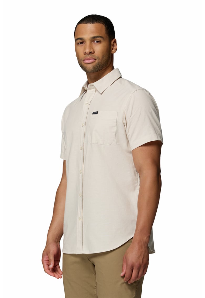Camasa din bumbac cu maneci scurte si buzunar aplicat - Alb fildes