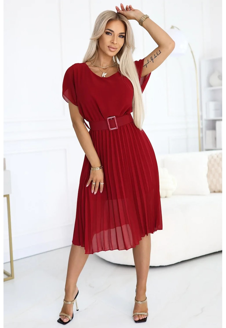 Rochie midi plisata cu curea lata - burgundy UNI