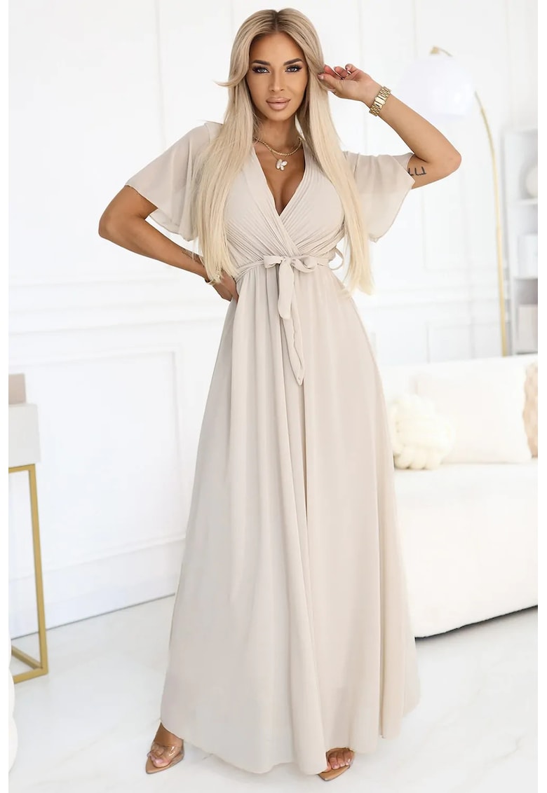 Rochie maxi bej - legare la talie -