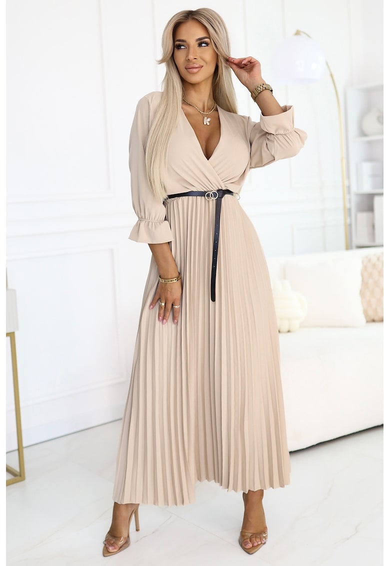 Rochie maxi plisată cu curea - maneci 3/4 - bej -