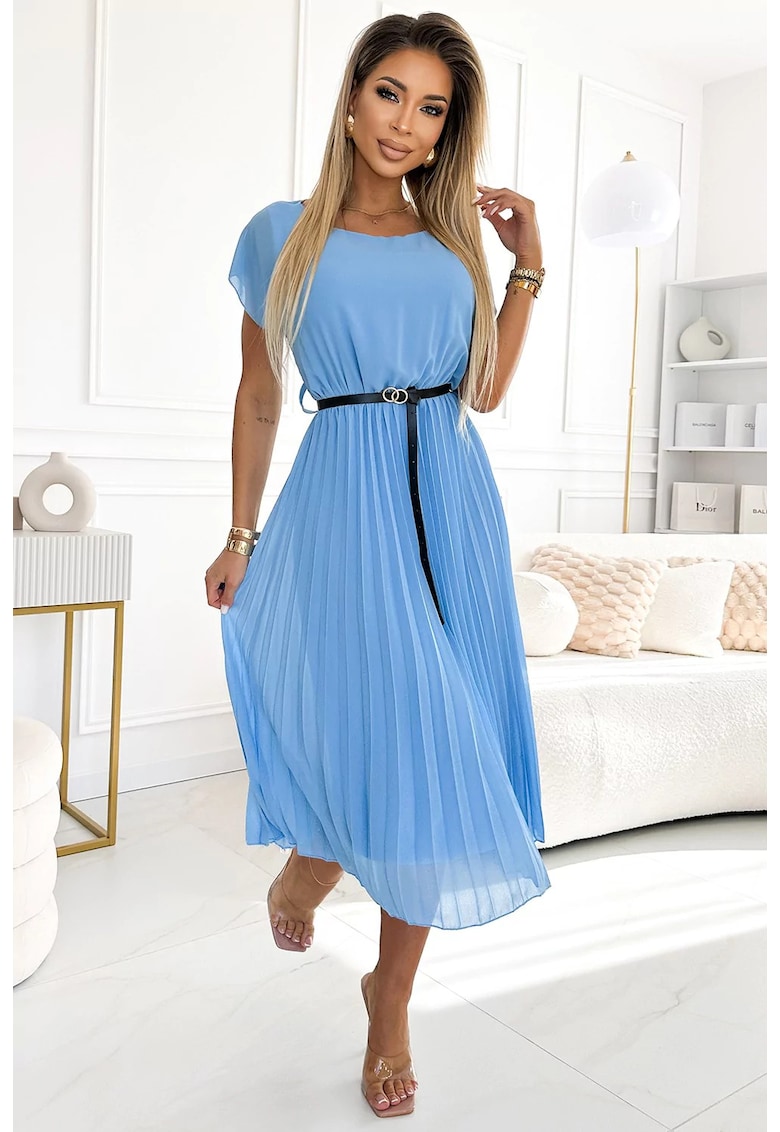 Rochie plisată cu curea - albastru deschis -