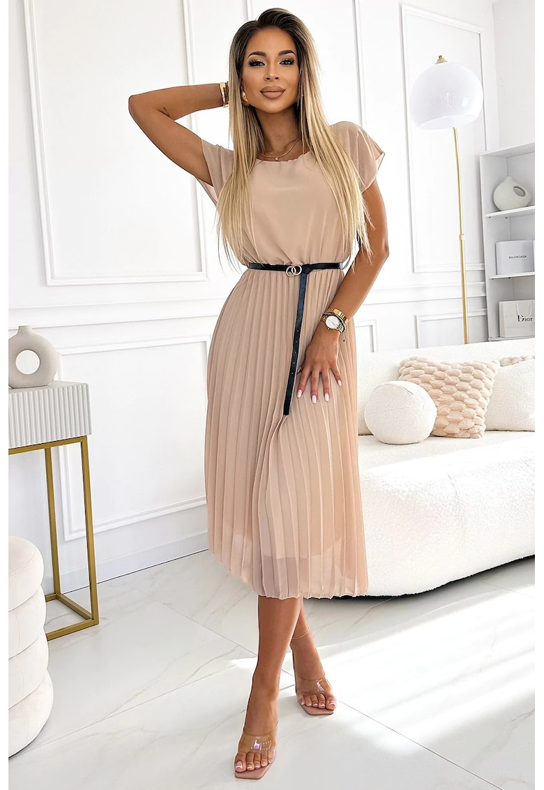 Rochie plisată bej cu curea -