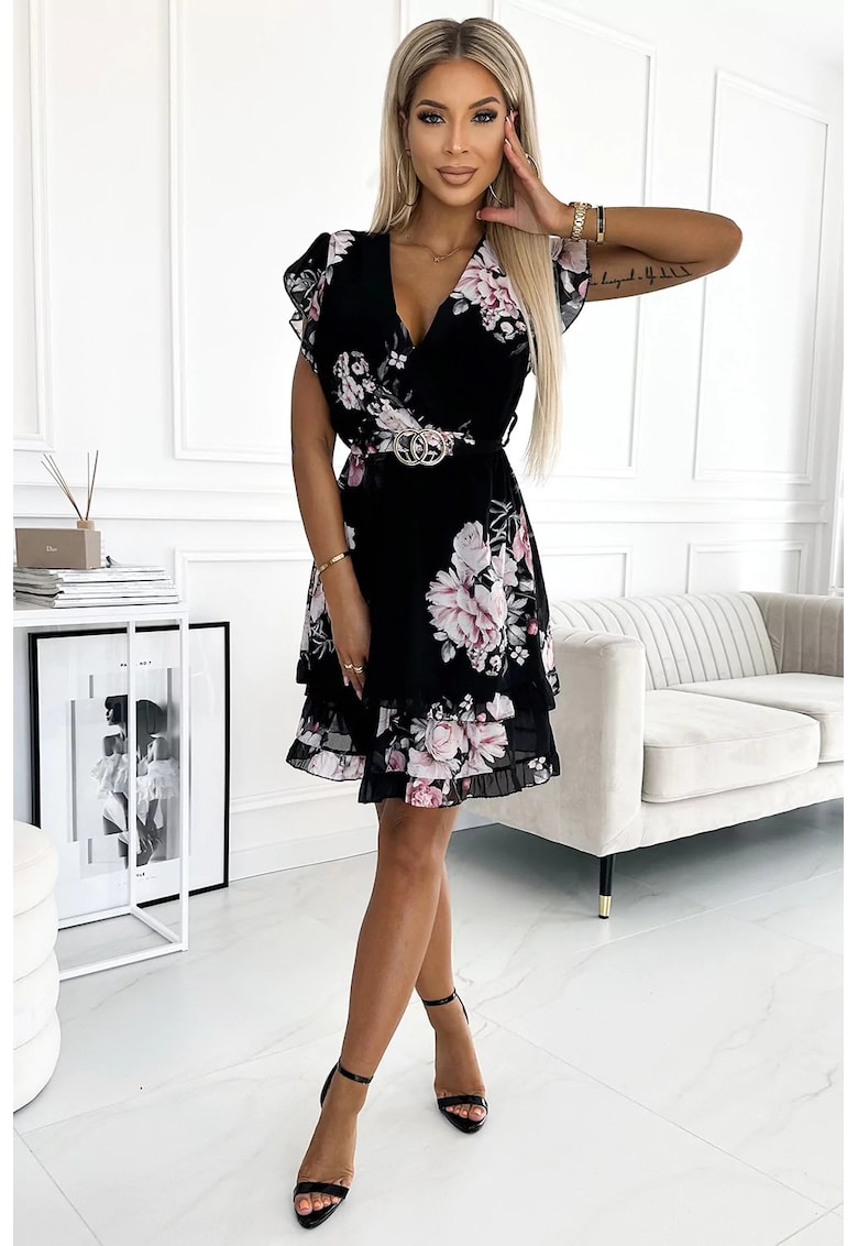 Rochie cu maneci scurte - volane - negru -