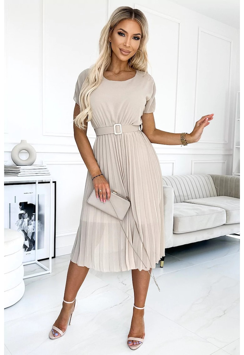 Rochie midi plisată cu curea lată - bej -