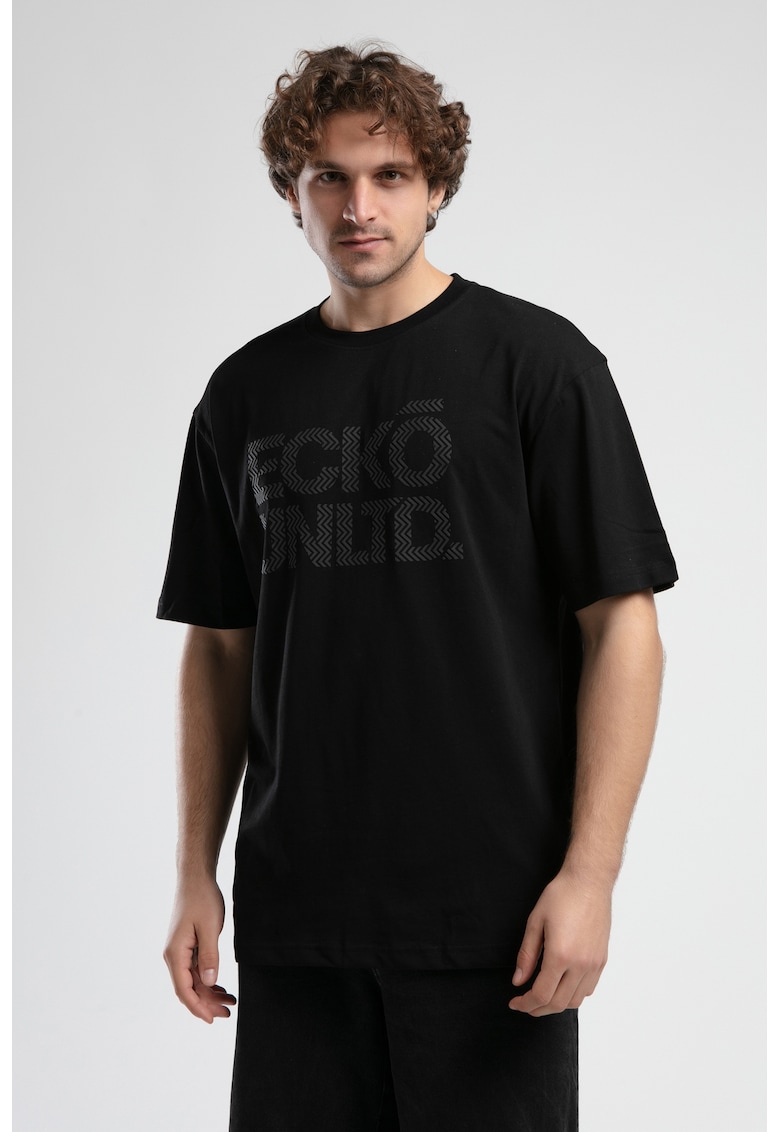 Tricou cu logo si decolteu la baza gatului - ASTORIA - Alb - Negru