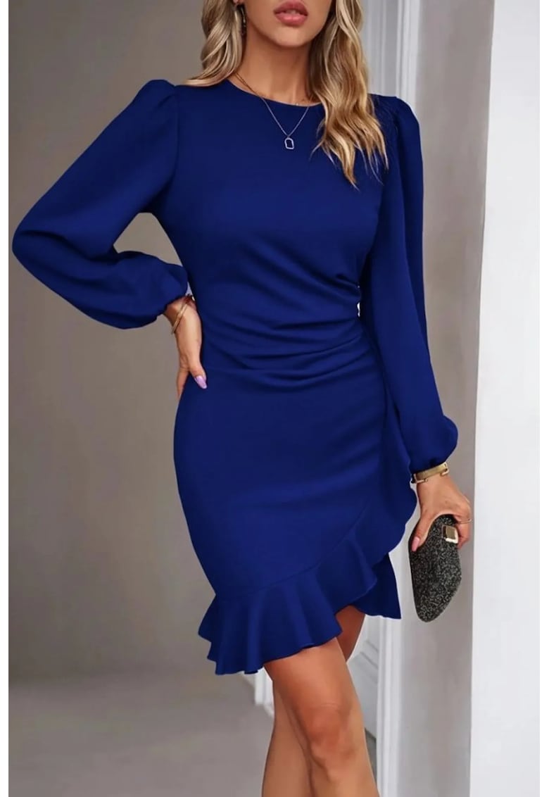 Rochie midi guler la baza gatului - volane - albastru - crep