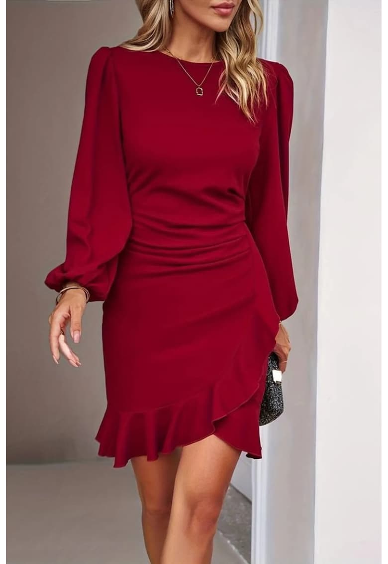 Rochie Midi guler rotund - cu volanase - rosu - crep